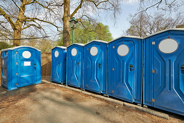 Row of portable restrooms at festival
